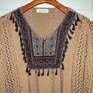 MISS POP Womens Crochet Knit Cropped Oversized Sweater Bohemian Geometric Tribal